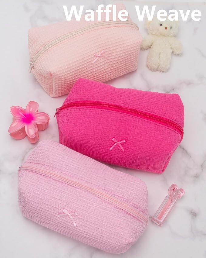 Cozy Makeup Bag for Women,Zipper Cosmetic Pouch,Waffle Hotpink,6 Pack