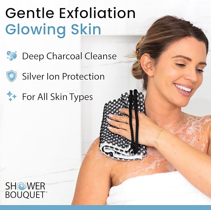 SHOWER BOUQUET Japanese-Exfoliating-Washcloth Back-Body Charcoal Silver Ion