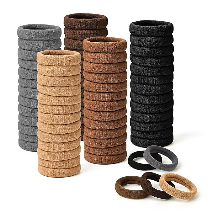 iFwevs Hair Bands Hair ties for Thick Hair, 50PCS Seamless Cotton Simply Ponytail Holders Headband Scrunchies Hair Accessories No Damage (Neutral Colors)