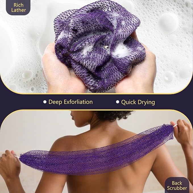 KINGMAS African Net Sponge, Authentic Nylon with Knots, 2 Pieces Exfoliating Body Scrubber Bath Sponge, Back Scrubber Washcloth for Shower, Body Care Bathing (Yellow & Green)