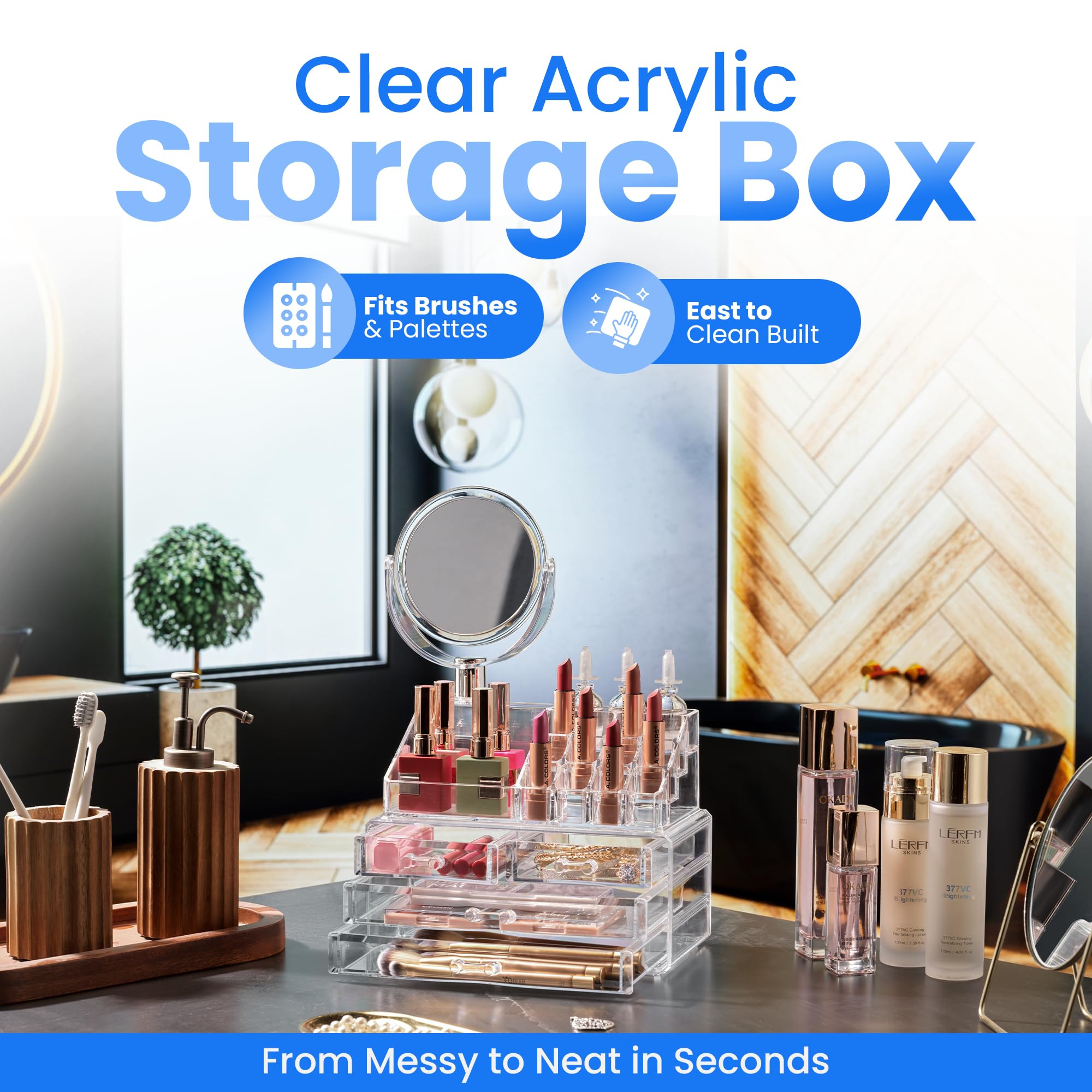 Masirs Clear Makeup Organizer with Mirror – 16-Compartment Cosmetic and Jewelry Holder, 4-Drawer Vanity Storage, Elegant Clear Design for Makeup and Accessories