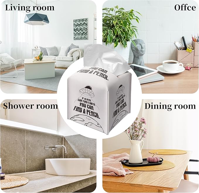 Grace Yonks Cute Tissue Box Cover Square - UFO & Earth Funny Design 5.2" PU Leather Holder for Vanity, Desk, or Bathroom Counter - Cube Case for Facial Tissues(017)