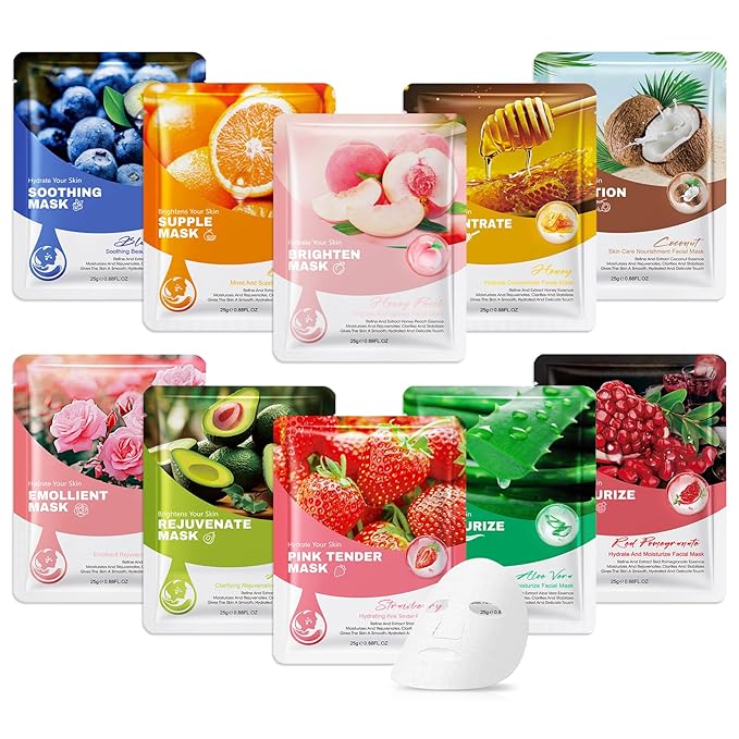 10 Pack Variety Facial Sheet Masks Skin Care Set, Hydrating Bulk Sheet Face Masks Skincare Gifts Set for Women Men, Long Lasting Moisturizing Face Mask Skincare for All Skin Type（C