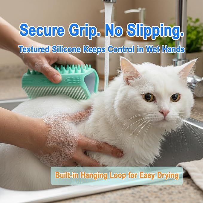 3-in-1 Triangular Dog Bath Brush for Dogs & Cats, Silicone Pet Grooming Brush with Deshedding Bristles, Massage Cones & Deep Cleaning Nubs, Green