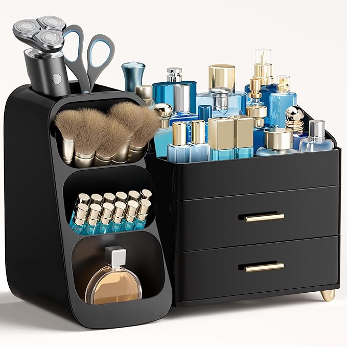 HBlife Makeup Organizer with Brush Holder for Vanity, Large Plastic Bathroom Countertop Organizer Skin Care Storage, Easy to Store Nail Polishes, Perfumes, Eyeshadow Palettes