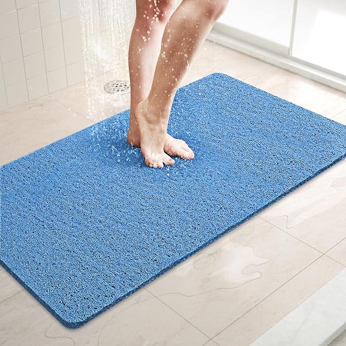 LuxStep Shower Mat Bathtub Mat,32x16 inch, Non-Slip Bath Mat with Drain, Quick Drying PVC Loofah Bathmat for Tub,Shower,Bathroom,Lake Blue