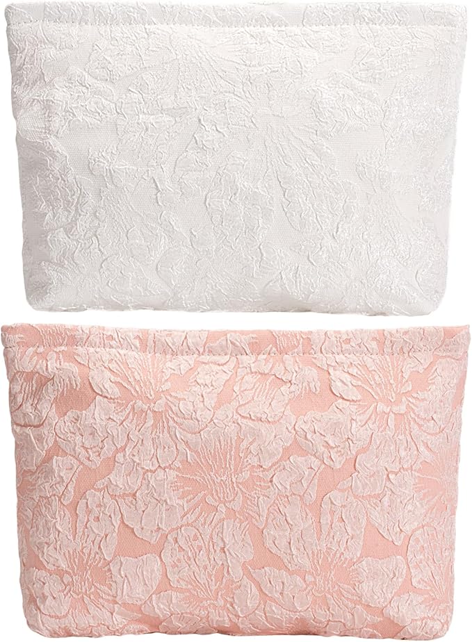 RIKMOXR 2-Pack Large Flower Makeup Bag Set - White & Pink Floral Canvas Cosmetic Organizer | Aesthetic Capacity Travel Toiletry Bag for Women (Makeup Brushes & Accessories Storage)