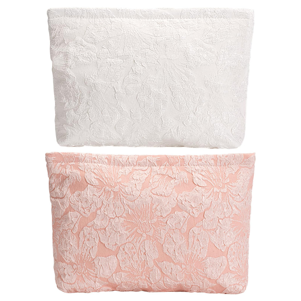 RIKMOXR 2-Pack Large Flower Makeup Bag Set - White & Pink Floral Canvas Cosmetic Organizer | Aesthetic Capacity Travel Toiletry Bag for Women (Makeup Brushes & Accessories Storage)