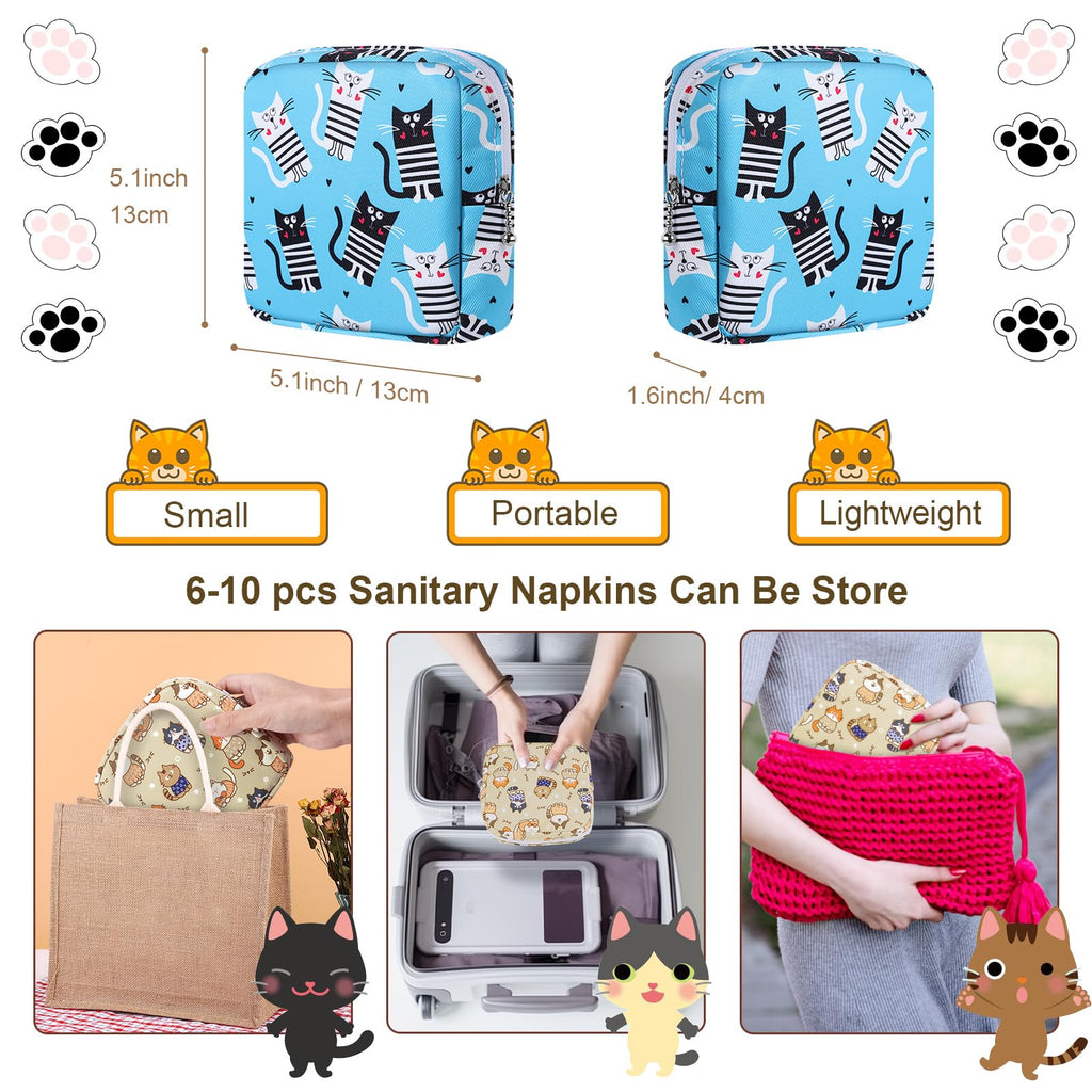 Likesing Tampon Holder for Purse, Canvas Period Bag Pouch-Stripes Blue Cat