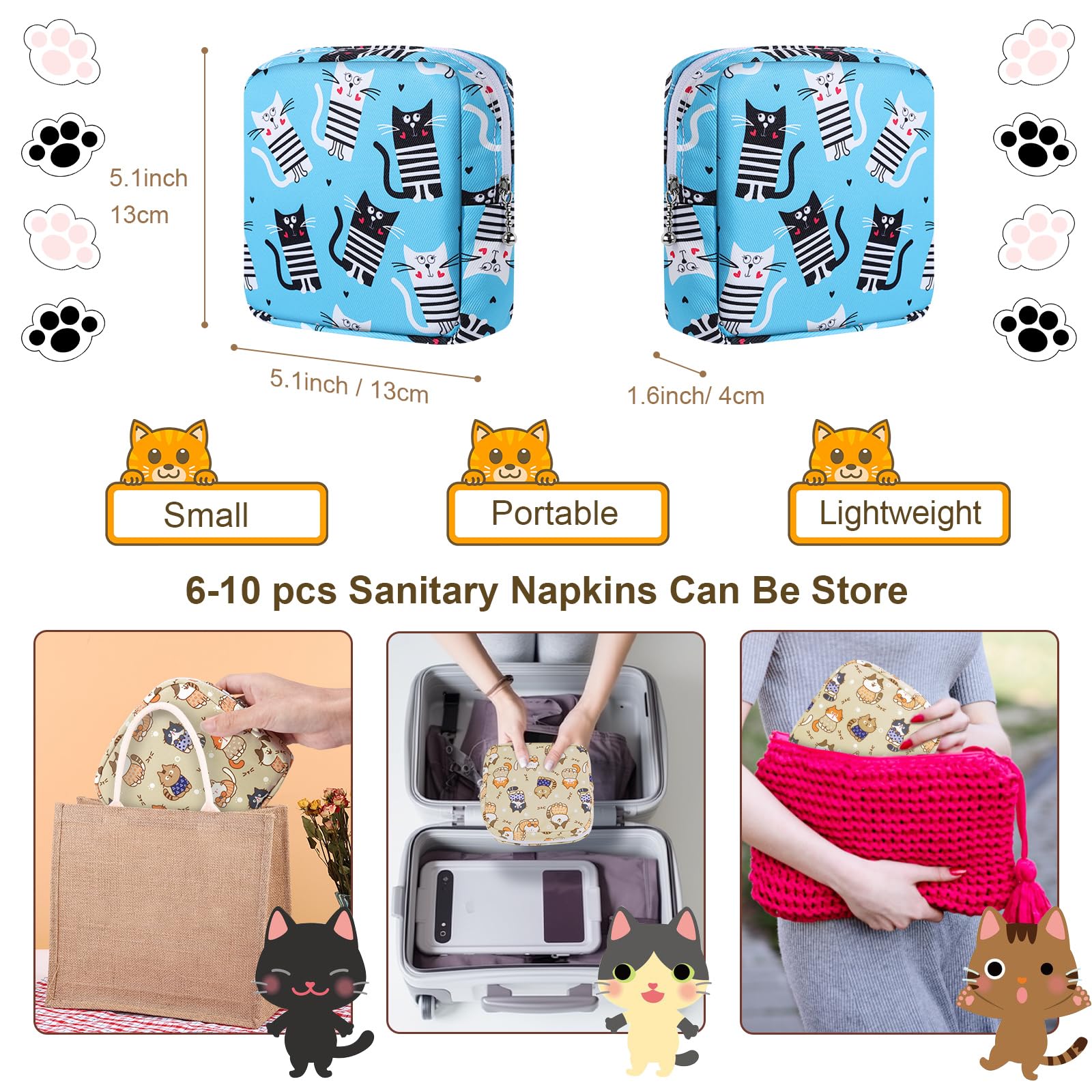 Likesing Tampon Holder for Purse, Canvas Period Bag Pouch-Stripes Blue Cat