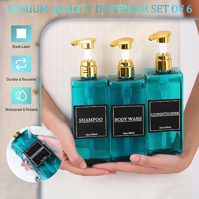Gejoy 12 Pack Blue Shampoo and Conditioner Dispenser Bottles, 17 Oz/ 500ml Refillable Empty Pump Bottles with Labels and Marker Pen, Plastic Square Pump Dispenser Bottle for Bathroom Body Wash Shower
