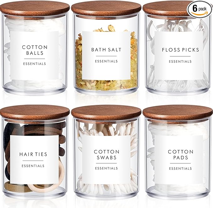 Yaomiao 6 Cotton Pad Holder Bathroom Container, 10 oz Cotton Ball Swabs Dispenser, Clear Plastic Apothecary Jar Organizer with Bamboo Lids for Storage Floss Pick Makeup(Dark Brown)
