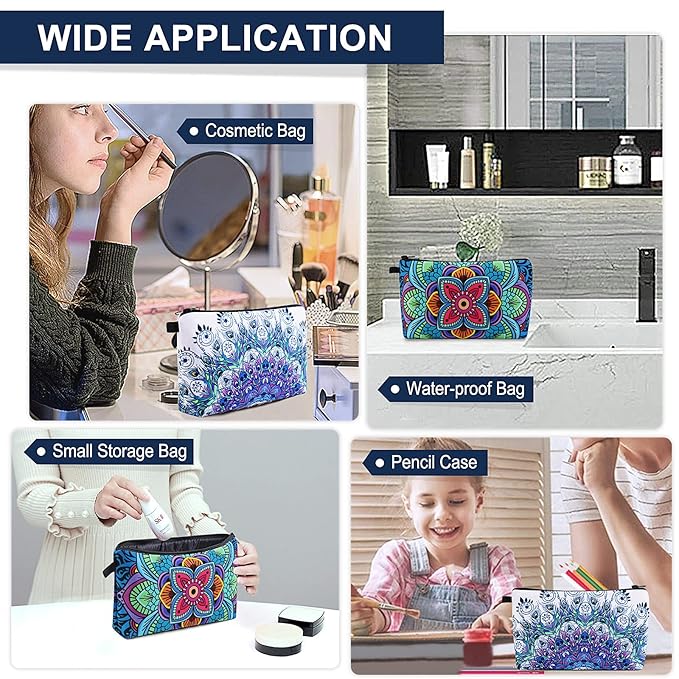 MAGEFY Makeup Bag, 2 Styles Travel Cosmetic Bag for Women Cosmetic pouch Elegant Blue Patterns Zipper Pouch Waterproof Makeup Pouch Cute (2 Packs, Peacock feather + Mandala pattern 0179)