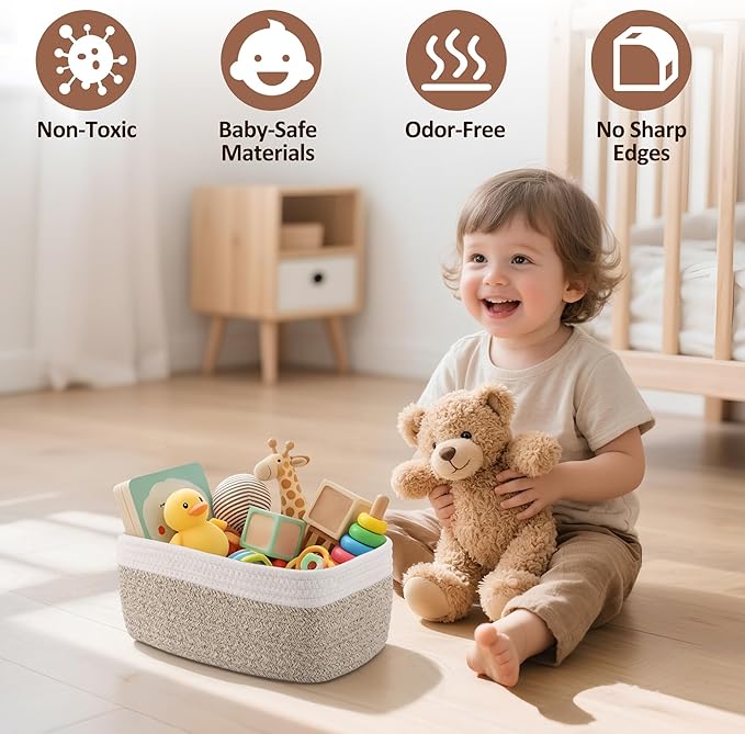VIRETH HAUS 5-Pack Small Woven Rope Storage Baskets – 2 Sizes Organizer Bins for Closet, Shelf, Bookshelf, Nursery, Changing Table, Fabric Cube Boxes, Rectangular Shallow Bins for Bathroom, Toy & Home