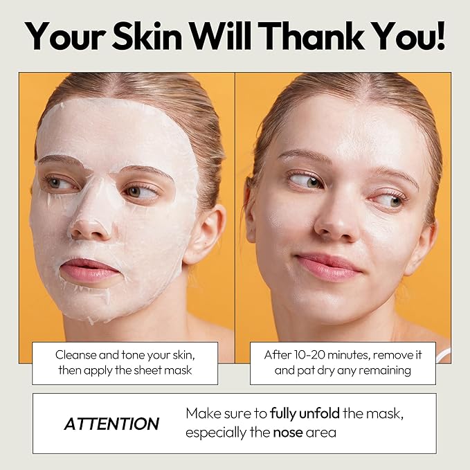 LAPCOS K Beauty Vita C Sheet Mask - Rejuvenating & Revitalizing Face Masks with Vitamin C for Dull, Tired Skin - Highly Breathable Eucalyptus-derived Tencel Sheet - Korean Skin Care (Pack of 5)