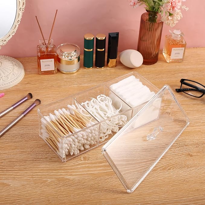 Sohalejr Qtip Holder Transparent 3 Compartments Cotton Ball and Swab Holder Organizer with Lid,Jar for Cotton Rounds,Bathroom Containers,Clear Acrylic Desk Organizer for Makeup Pads,Cosmetics Bedroom