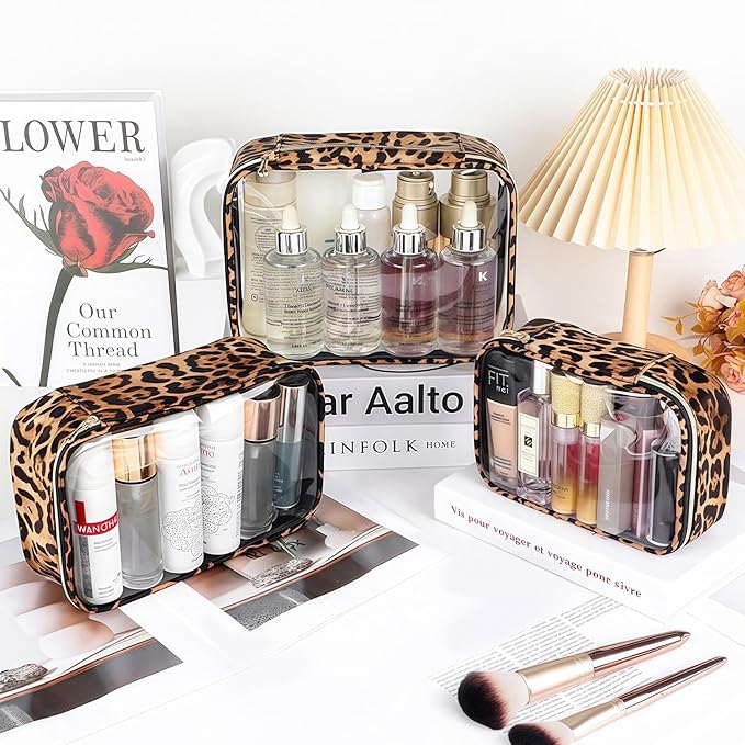 Clear Makeup Bags with Zipper, TSA Approved Travel Toiletry Bag, 3-Pack (Large, Medium & Small) Clear Cosmetic Bag, Waterproof Make Up Bag for Women, Car Bag Organizer & Car Organization Essentials