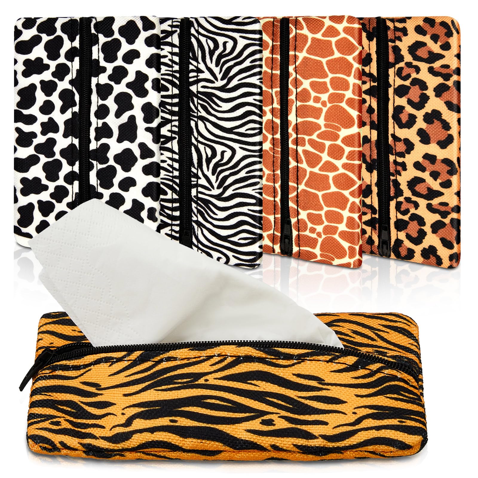 Sherr 5 Pcs Tissues Purse Pocket Holder Reusable Travel Pouch Fabric Zipper Enclosed Small Size Leopard and Zebra Print Pattern Tissue Holder for Purse Coins for Christmas