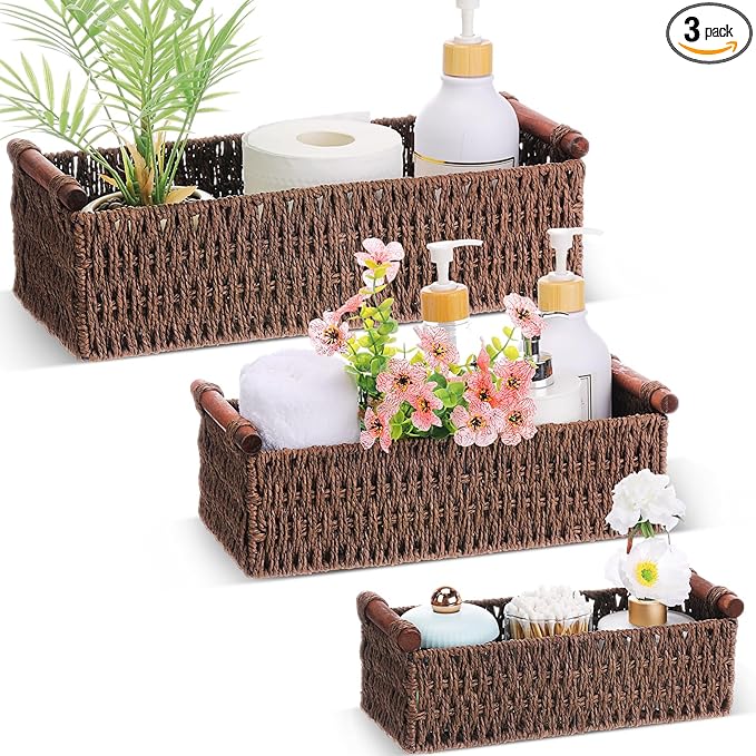 Boao 3 Pcs Boho Storage Wicker Baskets Handmade Woven Decorative Paper Rope Baskets for Organizing with Handle Countertop Toilet Paper Storage Container for Toilet Tank Top(Brown,Rectangle)