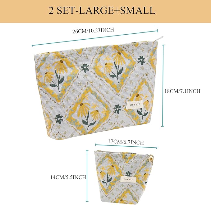 getgto 2 Pcs Makeup Bags, Large Cosmetic Bag Travel Toiletry Bag Organizer for Women, Embroidery Craft, Floral Makeup Bag Small Cosmetic Pouch Purse with Zipper Gifts for Girls Teen