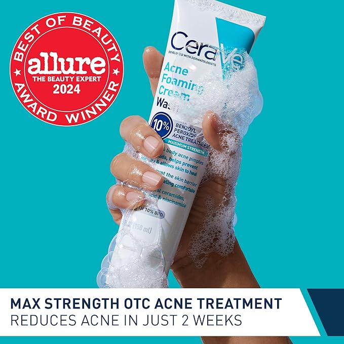 CeraVe Acne Foaming Cream Wash, 10% Benzoyl Peroxide Facial Cleanser, 5oz