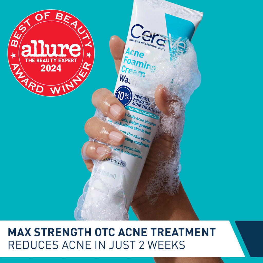 CeraVe Acne Foaming Cream Wash, 10% Benzoyl Peroxide Facial Cleanser, 5oz