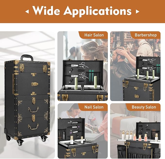 UIdili Rolling Makeup Train Case with Drawer, Lockable Hairstylist Traveling Case Stylist Storage Trolley, Beauty Salon Cosmetic Luggage Travel Organizer Tool Box with Hair Dryer Holder