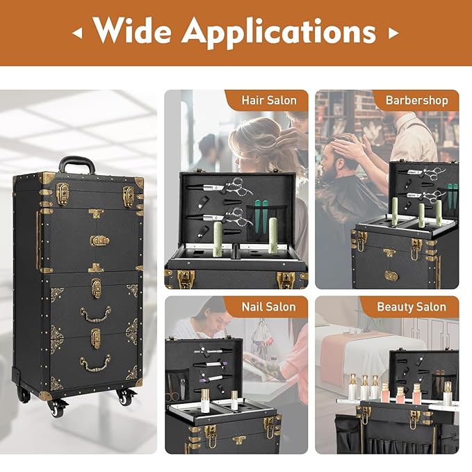 CNCEST Beauty Salon Luggage,Rolling Lockable Makeup Train Case Hairdressing Trolley Stylist Beauty Salon Cosmetic Luggage Travel Organizer Tool Box with Hair Dryer Holder Retro Black