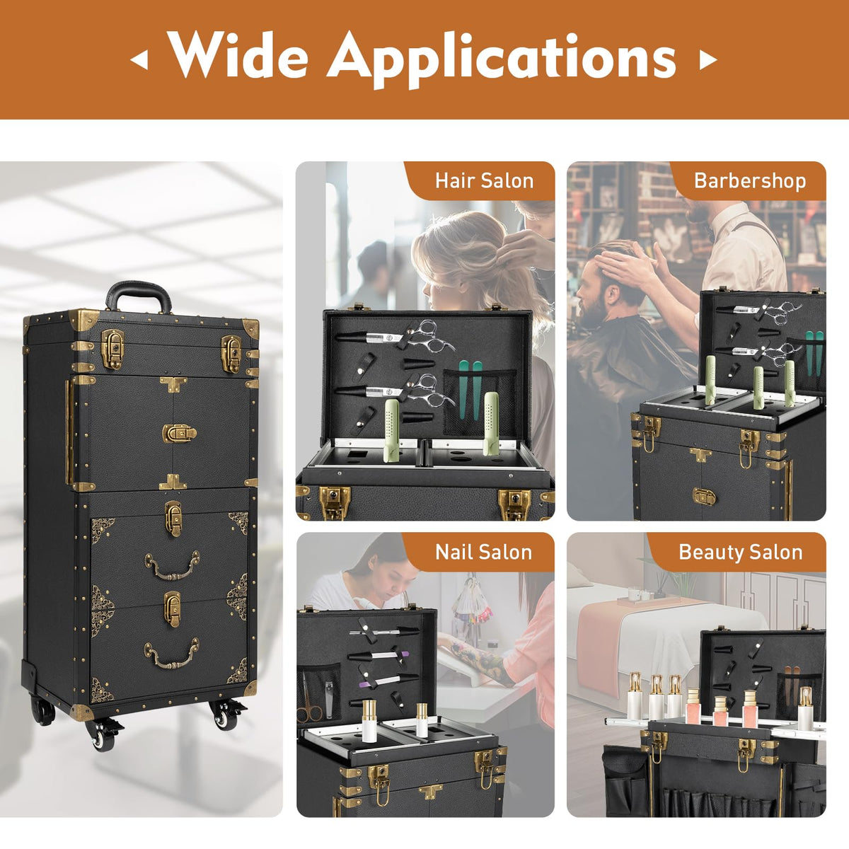 Rolling Lockable Makeup Train Case, Hairdressing Trolley Travel Organizer Tool Box Stylist Beauty Salon Cosmetic Luggage with Hair Dryer Holder for Barber Stores Hairdressing Colleges Homes