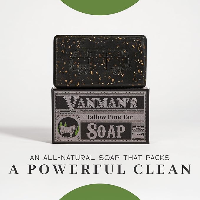 VanMan Tallow & Pine Tar Soap Bar – Grass-Fed Beef Tallow with Organic Oatmeal, Charcoal & Essential Oils – Exfoliating Face & Body Soap, 3.8oz - 2 Pack