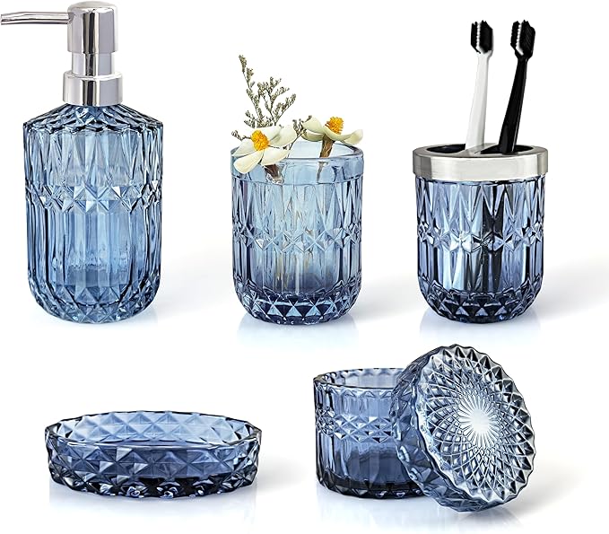 LaMarriti Clear Gold Bathroom Accessorries Set, 5Pcs Glass Bathroom Set