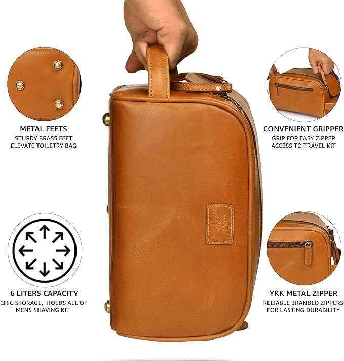 Premium Leather King Size Toiletry Travel Pouch – Handcrafted Dopp Kit Bag with Waterproof Lining, Spacious Design for Travel Essentials, Elegant Tan Finish