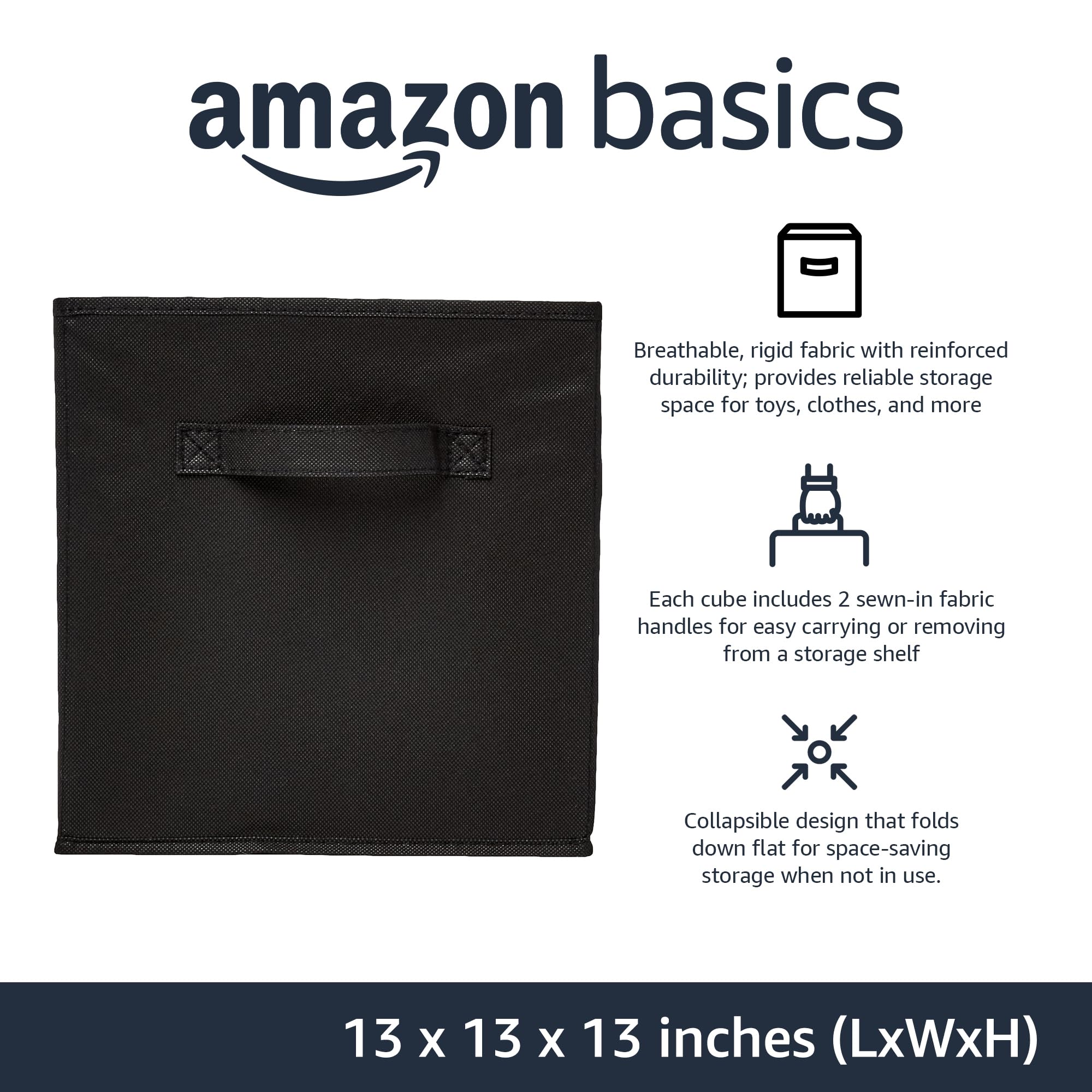 Amazon Basics Collapsible Fabric Storage Cube Bins Organizer with Handles, Organization Containers, Multifunctional, 13" x 13" x 13", Black, 6-Pack