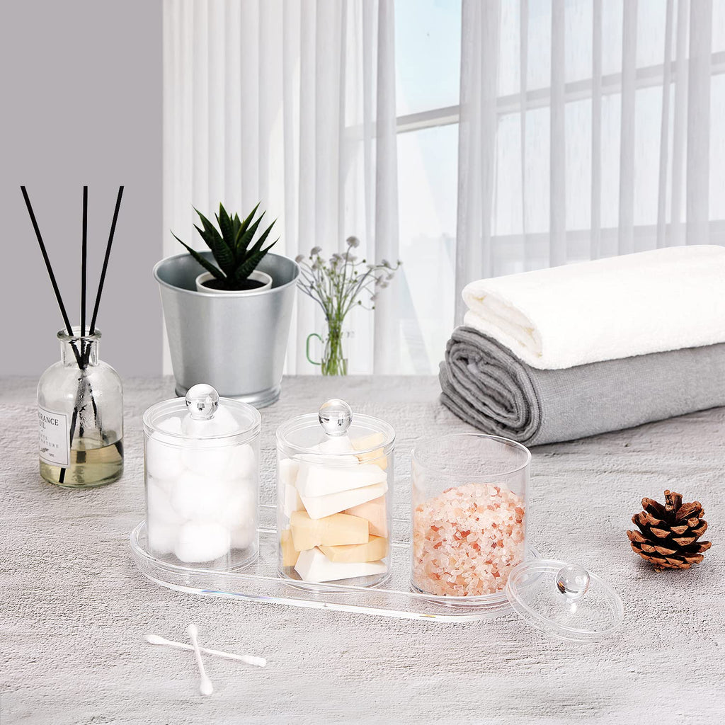 SheeChung 3 PCS Qtip Holder Bathroom Set with Tray, Acrylic Apothecary Jars