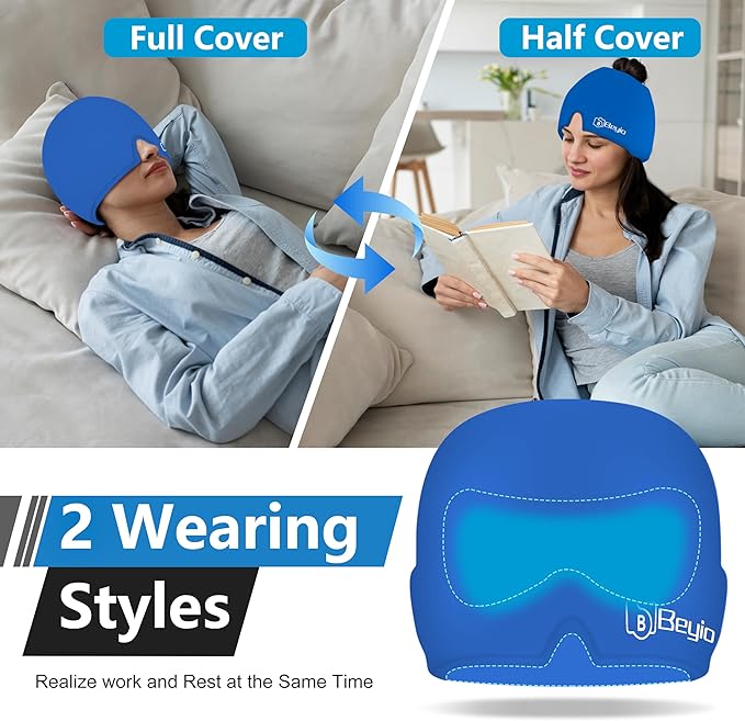 Migraine Relief Cap, All Around Gel Covered Reusable Headache Relief Cap, Black Migraine Cap for Headache Relief, Puffy Eyes (Dark Blue)