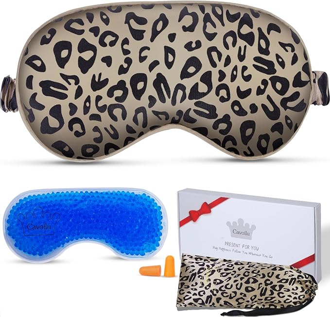 Cavoilu Sleep mask w/Cooling Gel Eye Mask, Heated Eye Mask for Sleeping, Reusable Ice Silk Stain Eye Cover Sleeping Mask for Travel, Home, Office, Yoga, Total Blackout, Stocking Stuffers (Leopard)