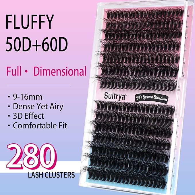 50D+60D 280pcs Fluffy DIY Eyelash Extensions Cluster Lashes False Eyelashes Faux Mink Multi-Layer Soft Lightweight Lash Clusters for Natural Dramatic Volume (9–16mm, 50D+60D Fluffy)