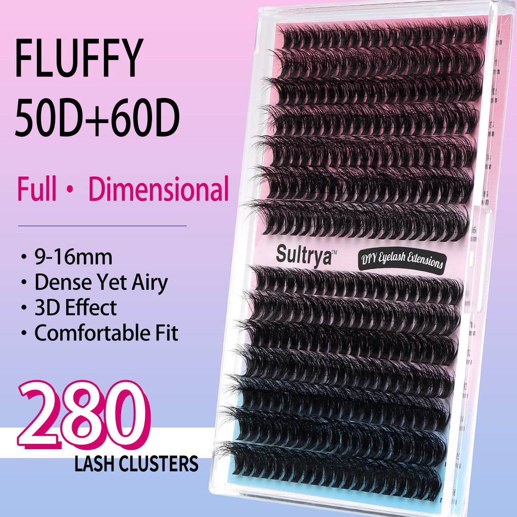 Sultrya 50D+60D 280pcs Fluffy DIY Eyelash Extensions Cluster Lashes False Eyelashes Faux Mink Multi-Layer Soft Lightweight Lash Clusters for Natural Dramatic Volume (9–16mm, 50D+60D Fluffy)
