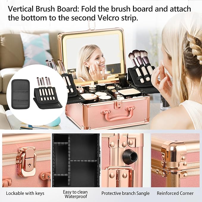 GALHUBIS Rose Gold Makeup Case with Lighted Mirror, Detachable LED Mirror, Travel Makeup Train Case, Waterproof Cosmetic Organizer, Standing Makeup Brush Holder, Gift