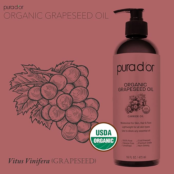 PURA D'OR ORGANIC Grapeseed Oil (16 Oz) 100% Pure & Natural USDA Certified Cold Pressed Carrier Oil For DIY Beauty - Unscented, Hexane Free Liquid Moisturizer - Face Skin & Hair