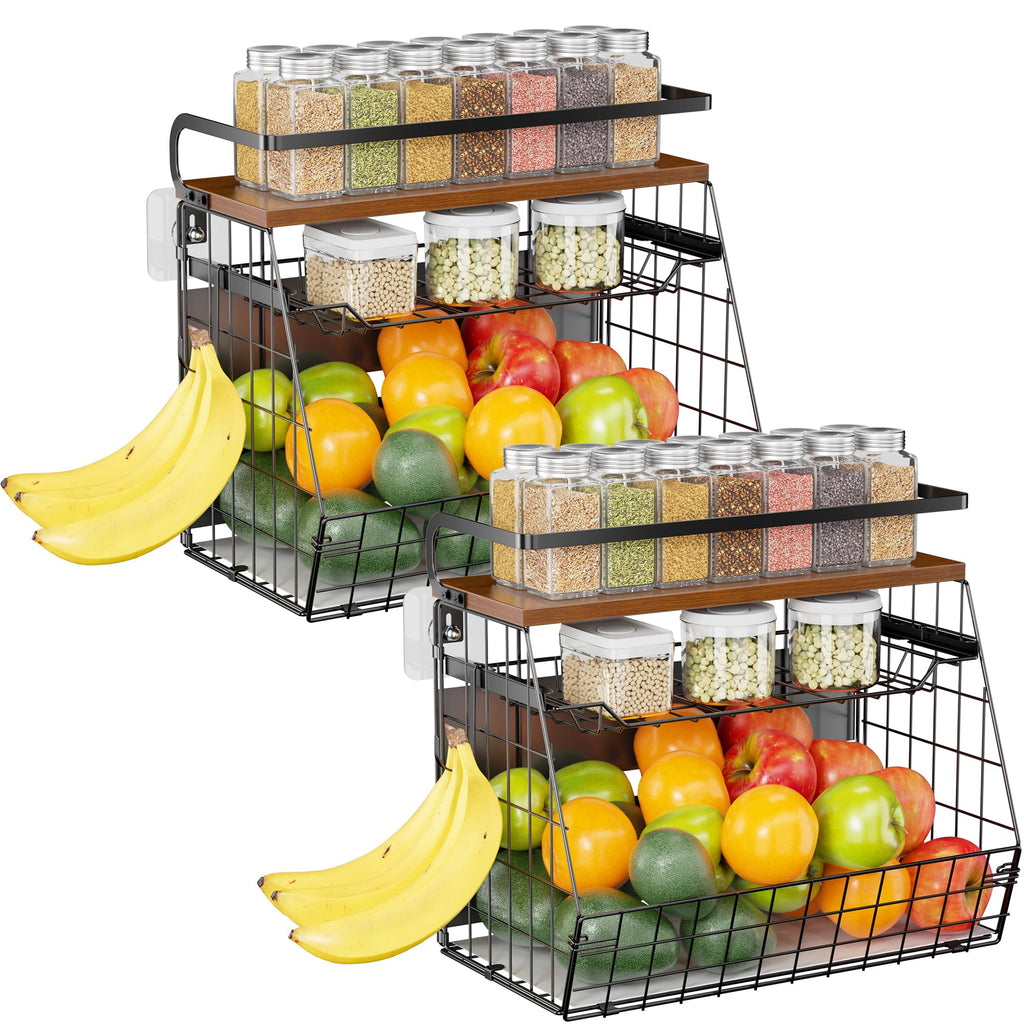 Delamu Magnetic Shelf for Fridge with Wood Lid, 3 Tier Pull Out Fruit Basket, Magnetic Spice Rack Organizer for Refrigerator, Cabinet, Kitchen Counter, Laundry (2 Pack)