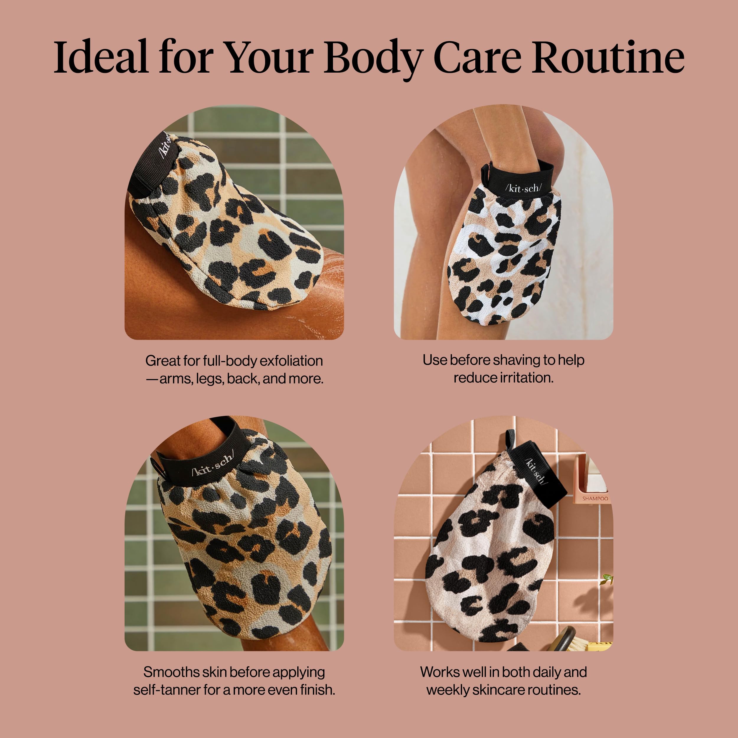 Kitsch Exfoliating Glove 1pc – Korean Exfoliating Mitt & Deep Exfoliating Body Scrubber for Shower, Bath | Body Exfoliator Glove, Dead Skin Remover | Skin Care for Smooth Skin - Leopard