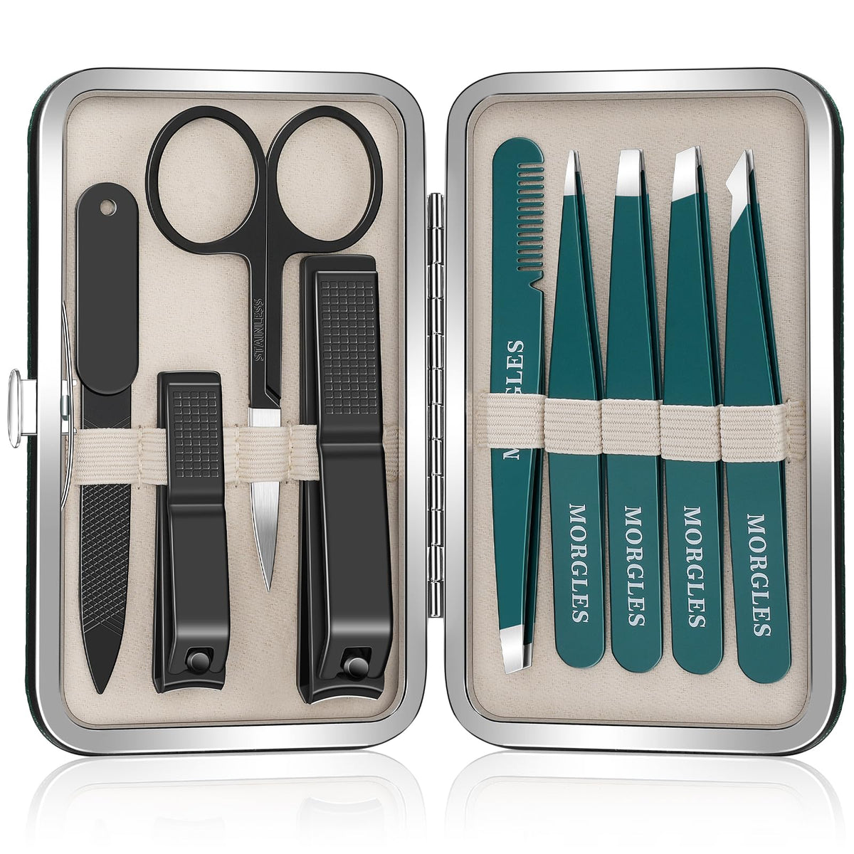 MORGLES Tweezers Set for Men 9 Pcs Nail Clipper Kit with Case for Grooming