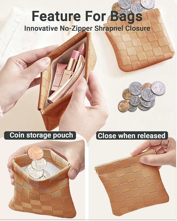 MXXUUOOM 2 Pack Small Makeup Bag for Purse Leather Cosmetic Pouch Organizer, Snap Closure Checkered Makeup Bag, Mini Lipstick Coin Pouch, Travel Makeup Organizer for Women(Brown)