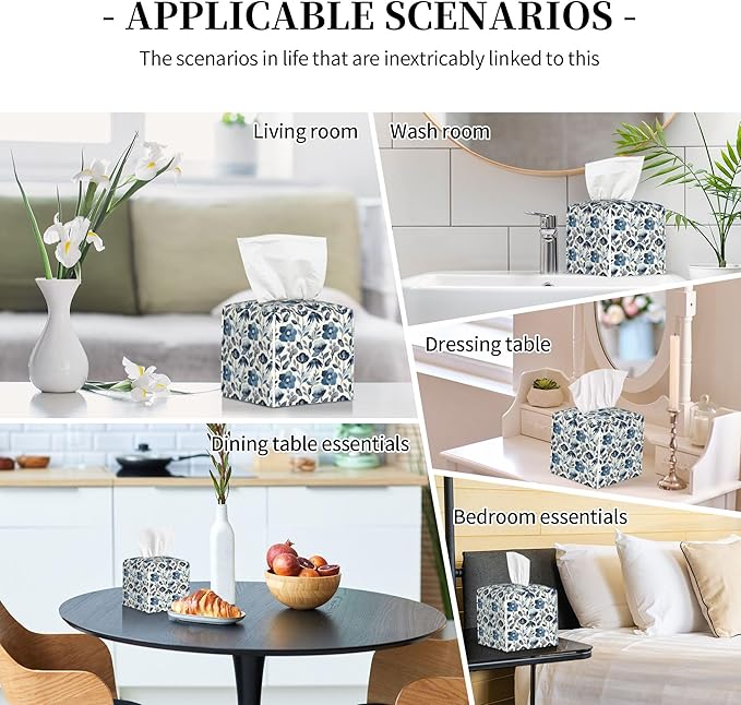 Watercolor Blue Floral Tissue Box Cover Square,Blue Flowers and Leaves Tissue Box Holder Waterproof Leather Facial Paper Organizer Dispenser for Bathroom Home Car Nightstand Vanity Desk