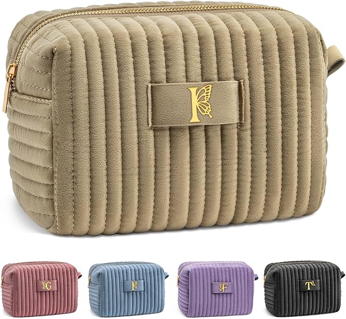 COSHAYSOO Travel Makeup Bag Quilted Make Up Pouch Initial Cosmetic Case with Butterfly Decorations for Women Lipstick Glossier Lipgloss Lip Stain Moisturizer Mascara Eyeliner Organizer Black Letter P