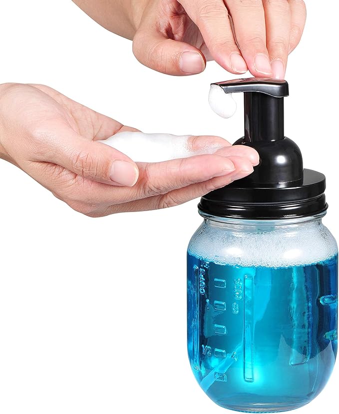 Amolliar Mason Jar Foaming Soap Dispenser, Plastic Pump Rustproof Stainless Steel Lid, Waterproof Label, Rustic Farmhouse Decor Hand Soap Dispenser, Dish Soap for Bathroom, Kitchen, Bath, Black 2 Pack