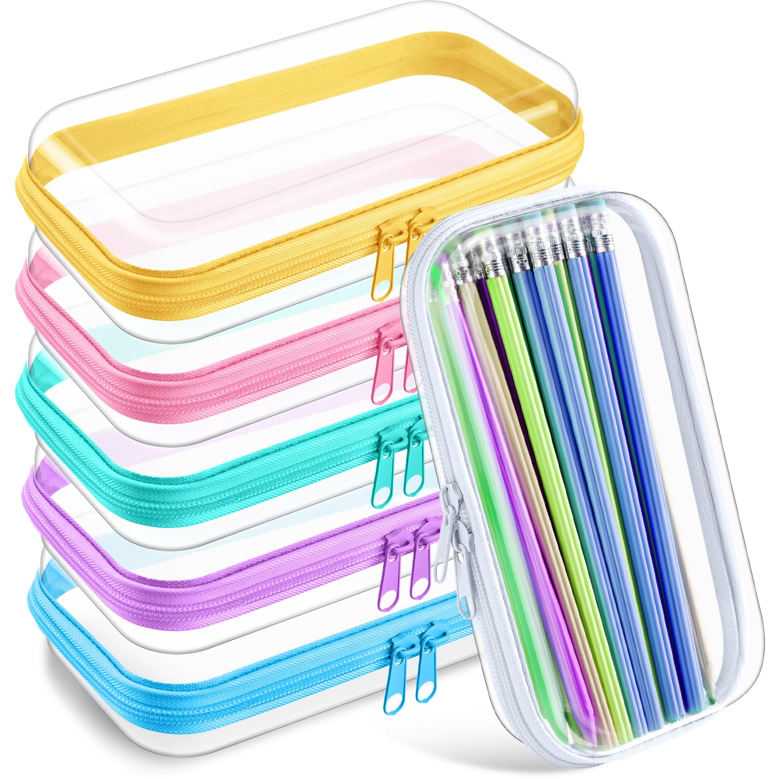 Sanwuta 6 Pcs Clear Hard Zipper Case Plastic Zipper Pouches Transparent Makeup Bag Pencil Case Pouches Toiletry Diaper Bag for Travel Toy Storage Organizer Bins(Colorful,7.48 x 3.94 x 2 Inch)