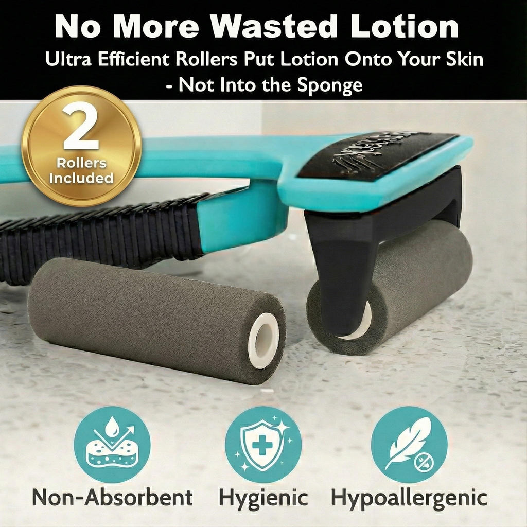 bearback Lotion Applicator for Back & Body Long-Reach Roller for Even Lotion, Sunscreen, Self-Tanner & Medication Application Foldable, Reusable, No-Help Design American Small Business (Teal)