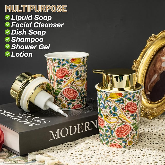 Vintage Rose Ceramic Foaming Soap Dispenser for Bathroom & Kitchen Refillable Lotion Liquid Foam Pump Dispensers
